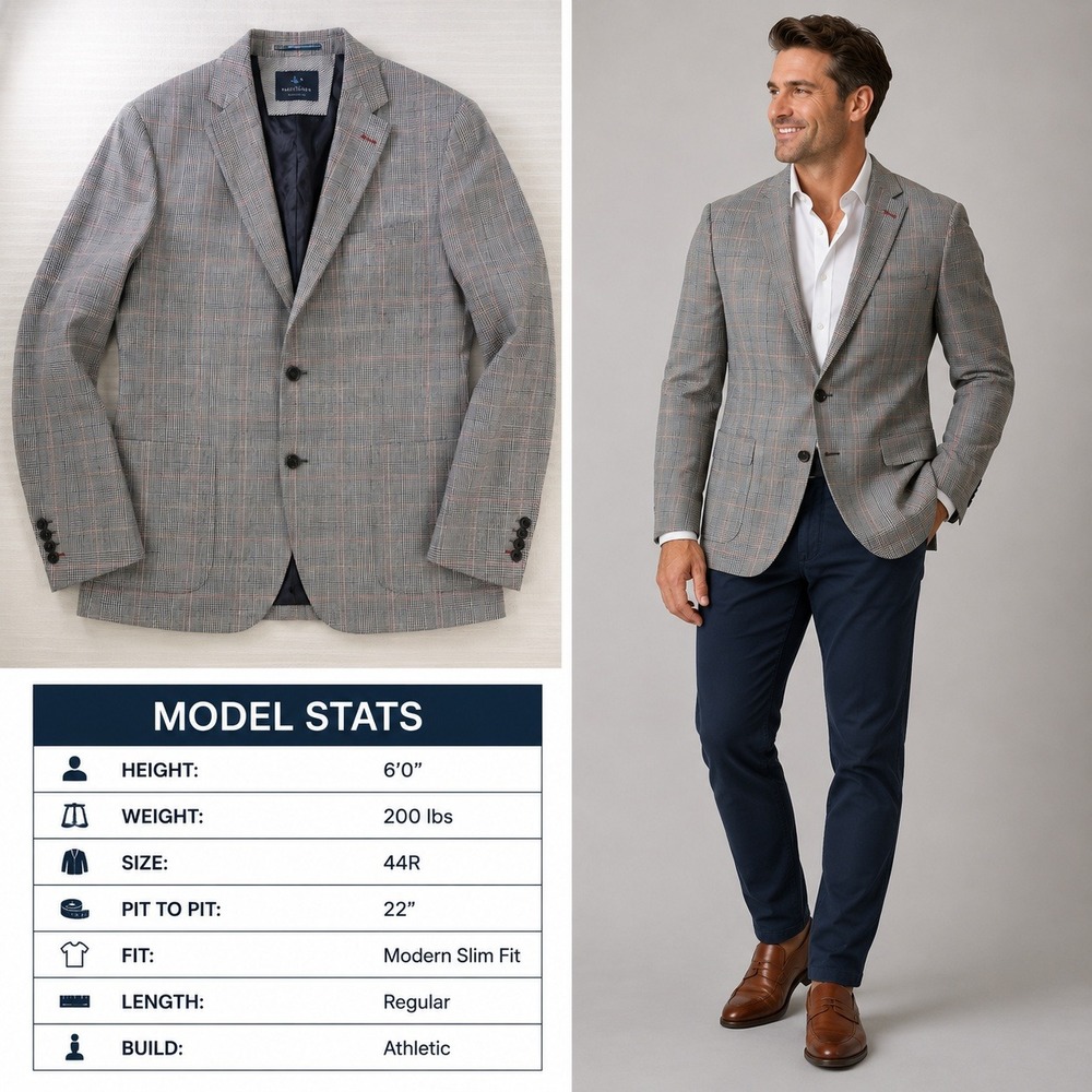 Tailorbyrd Grey Glen Plaid Linen Cotton Blazer Sport Coat Mens 44R Slim Fit